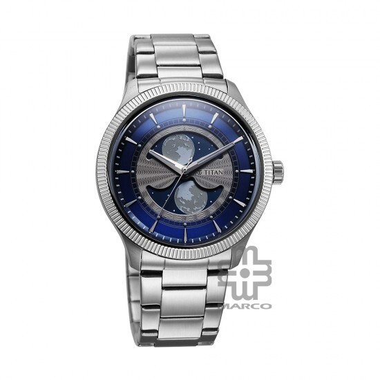Titan Stellar 10050SM01 Dual Moon Phase Blue Dial Stainless Steel Strap Quartz Men's Watch