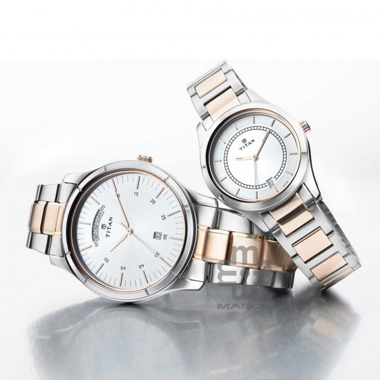 Titan Bandhan 17672596KM01 Day and Date Silver Dial Stainless Steel Strap Quartz Couple Watch