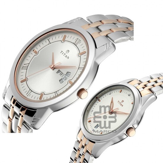 Titan Bandhan 17742565KM01 Day and Date Silver Dial Stainless Steel Strap Quartz Couple Watch