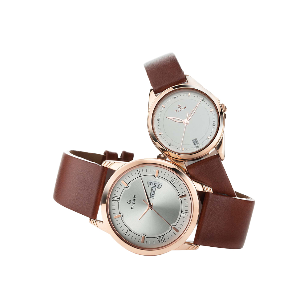 Titan Couple Watch Day Date Champagne Dial Brown Leather Quartz - Unused Buy Couple Watches Online at Best Prices in India | Titan main image 3