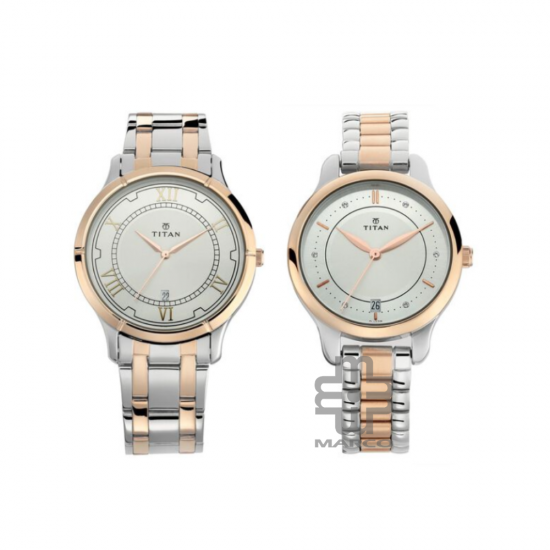 Titan Bandhan 17752481KM01 Analog with Date Silver Dial Stainless Steel Strap Quartz Couple Watch