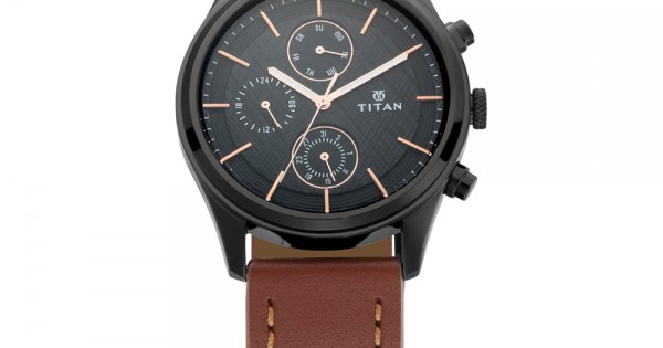 Titan Workwear 1805NL01 Black Dial Multifunction Leather Strap Quartz ...