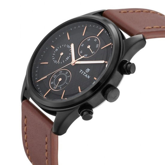 Titan Workwear 1805NL01 Black Dial Multifunction Leather Strap Quartz Men's Watch