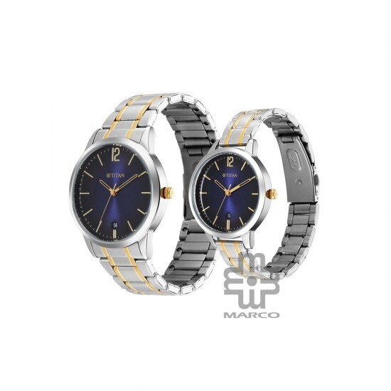 Titan Bandhan 18062617BM01 Analog with Date Blue Dial Stainless Steel Strap Quartz Couple Watch