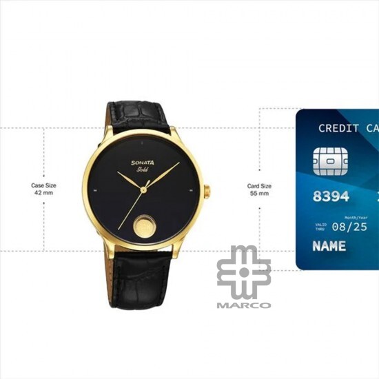 Sonata Gold 7153YL01 Black Dial Leather Strap Men Watch