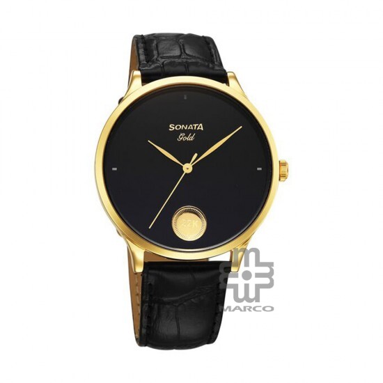 Sonata Gold 7153YL01 Black Dial Leather Strap Men Watch