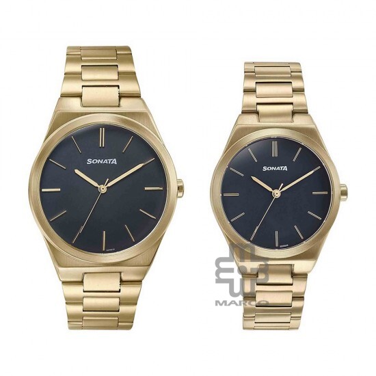 Sonata Wedding Edit 7716987088YM01 Black Dial Stainless Steel Strap for Couple