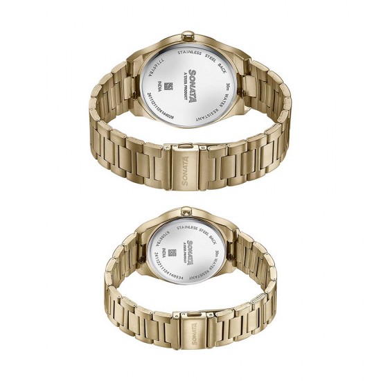 Sonata Wedding Edit 7716987088YM01 Black Dial Stainless Steel Strap for Couple