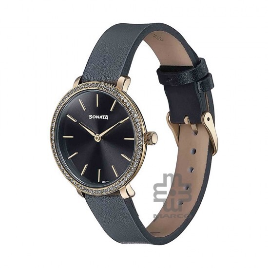 Sonata Wedding Edit 87080YL02 Black Dial Leather Strap Women Watch