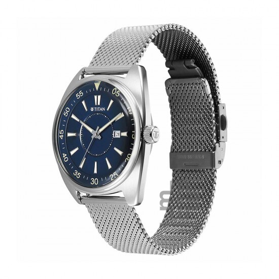Titan Classique Tonneau 90211SM01 Blue Dial Stainless Steel Strap Men Watch