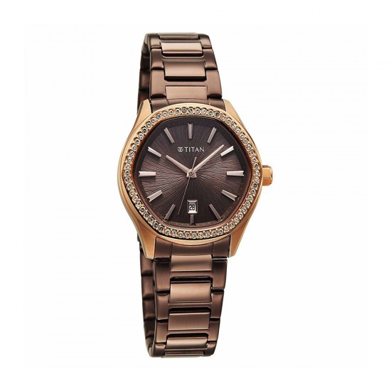 Titan Glamour 95326KM02 Brown Dial Stainless Steel Strap Quartz Women's Watch