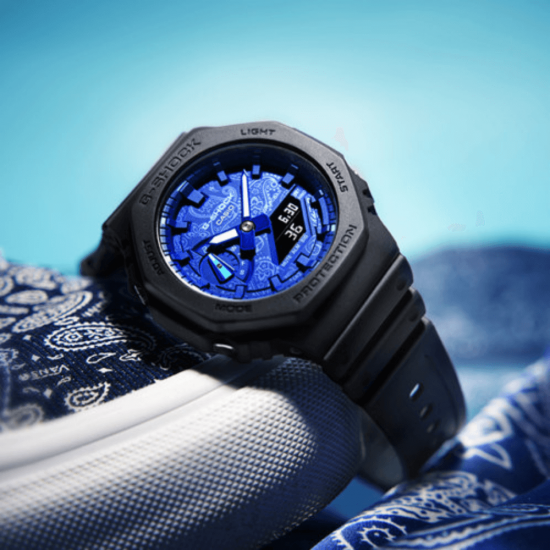 Casio G-Shock Blue Paisley Series GA-2100BP-1A Black Resin Band Men Sports Watch