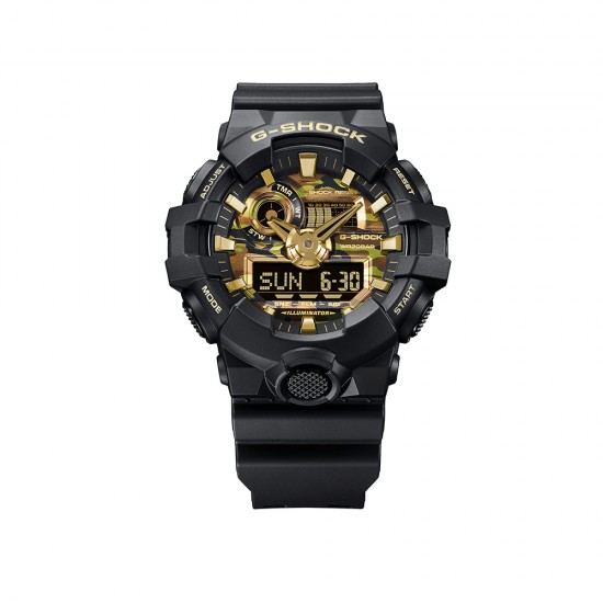 Casio G-Shock Bold Camo Series, Camo and Gold GA-700CF-1A Black Resin Band Men Sport Watch