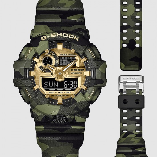 Casio G-Shock Bold Camo Series, Camo and Gold GA-700CMG-3A Camouflage Resin Band Men Sport Watch