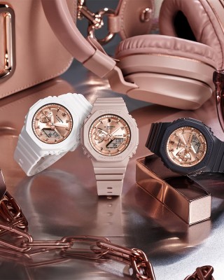 Casio G-Shock Women Pink Gold Metallic Dial GMA-S2100MD-4A Beige Resin Band Sports Watch