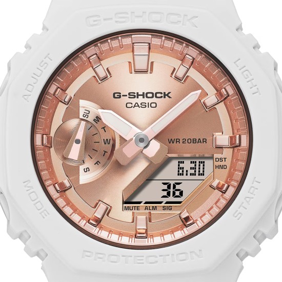 Casio G-Shock Women Pink Gold Metallic Dial GMA-S2100MD-7A White Resin Band Sports Watch