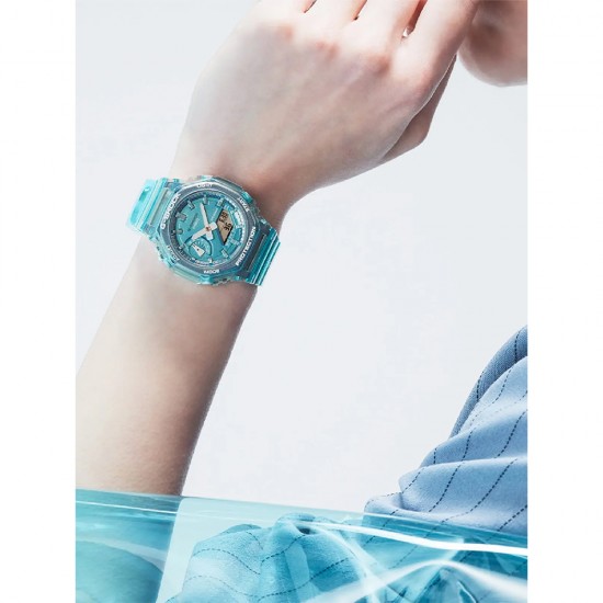 Casio G-Shock Women Metallic Skeleton Series GMA-S2100SK-2A Crystal Blue Translucent Resin Band Sports Watch